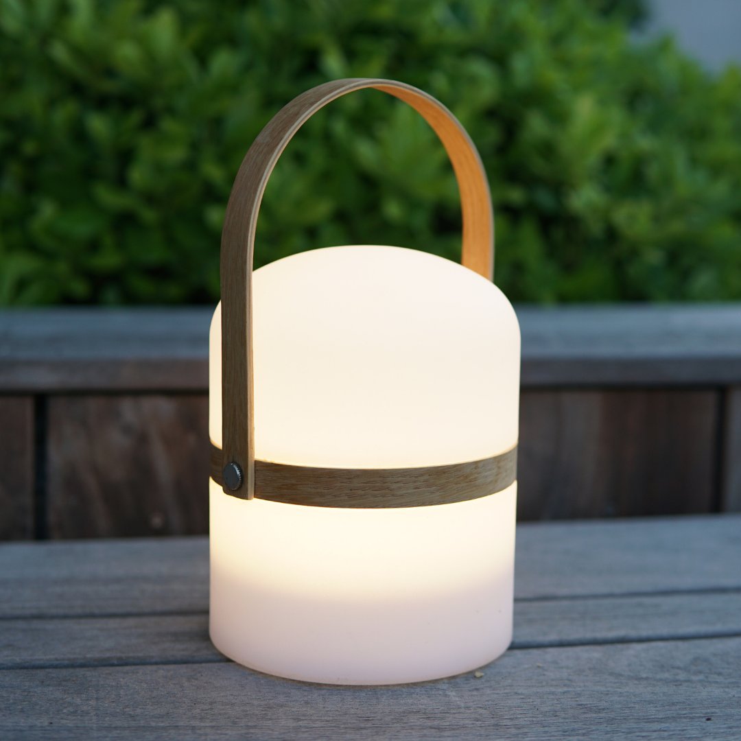 Tragbare LED-Tischleuchte mit Holzgriff – dimmbares, warmweißes Licht für drinnen und draußen