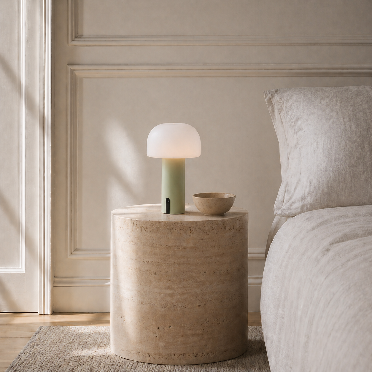Die NOA Tischlampe von LUUK Studio in der Farbe hellgrün Jade auf einem hochwertigen Beistelltisch aus Marmor neben einem Bett mit weißem Leinenbezug.