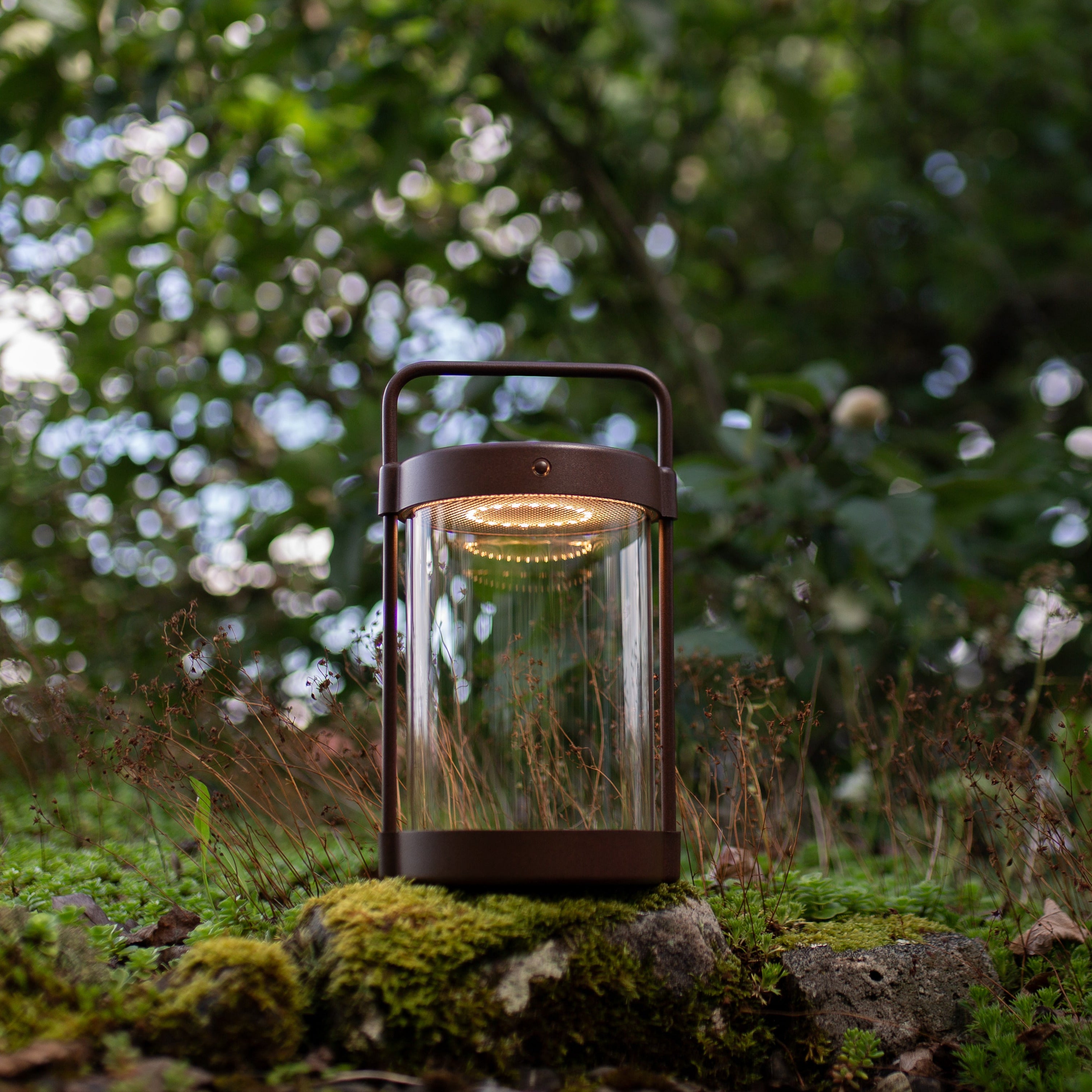Leuchtende LED Solarlaterne von LUUK Studio in Braun auf Moos im Garten bei natürlichem Tageslicht