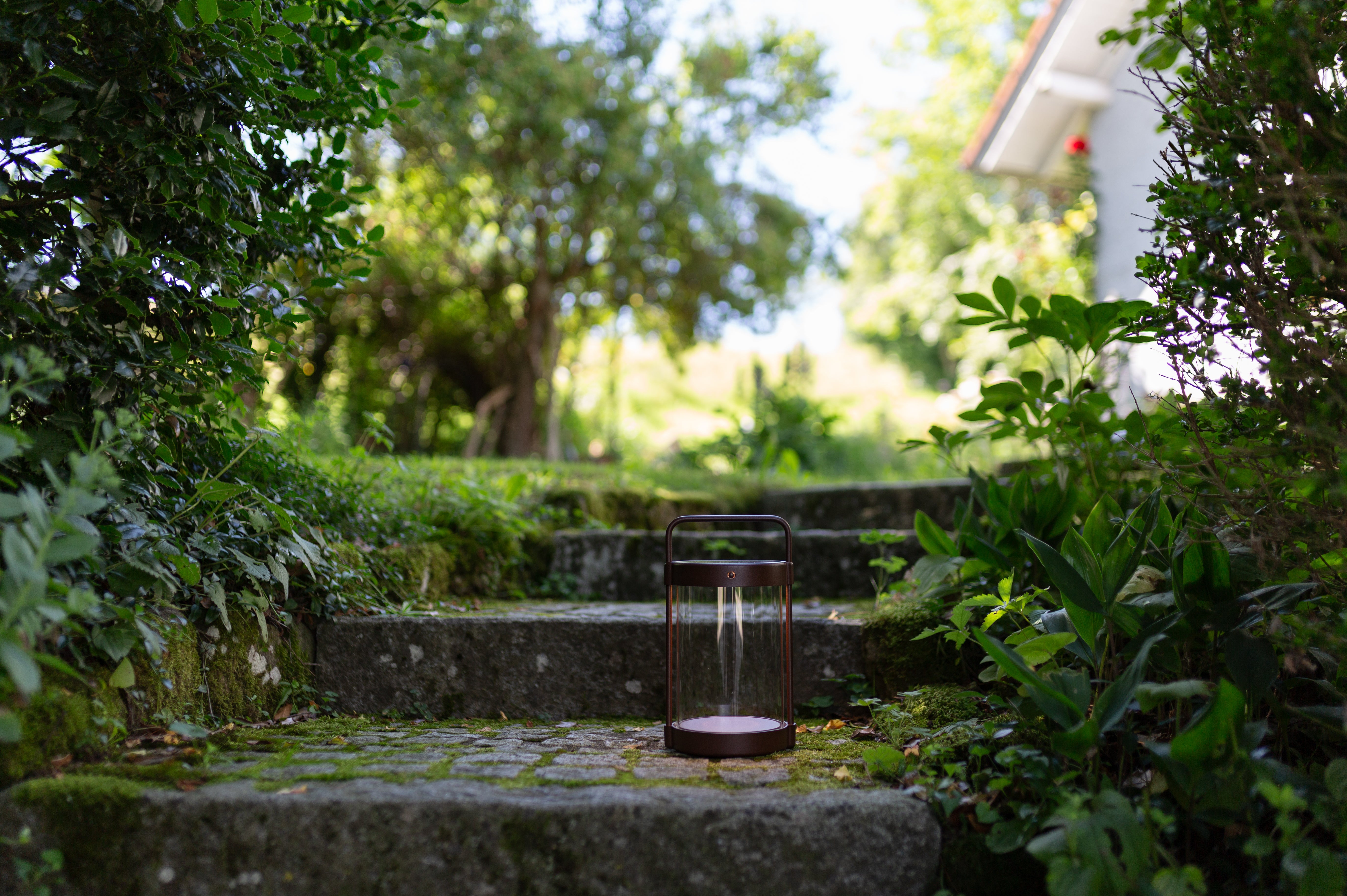 Corten-Braune Design-Solarlaterne aus Glas auf Gartenstufen aus Naturstein, eingerahmt von Grünpflanzen bei Tageslicht