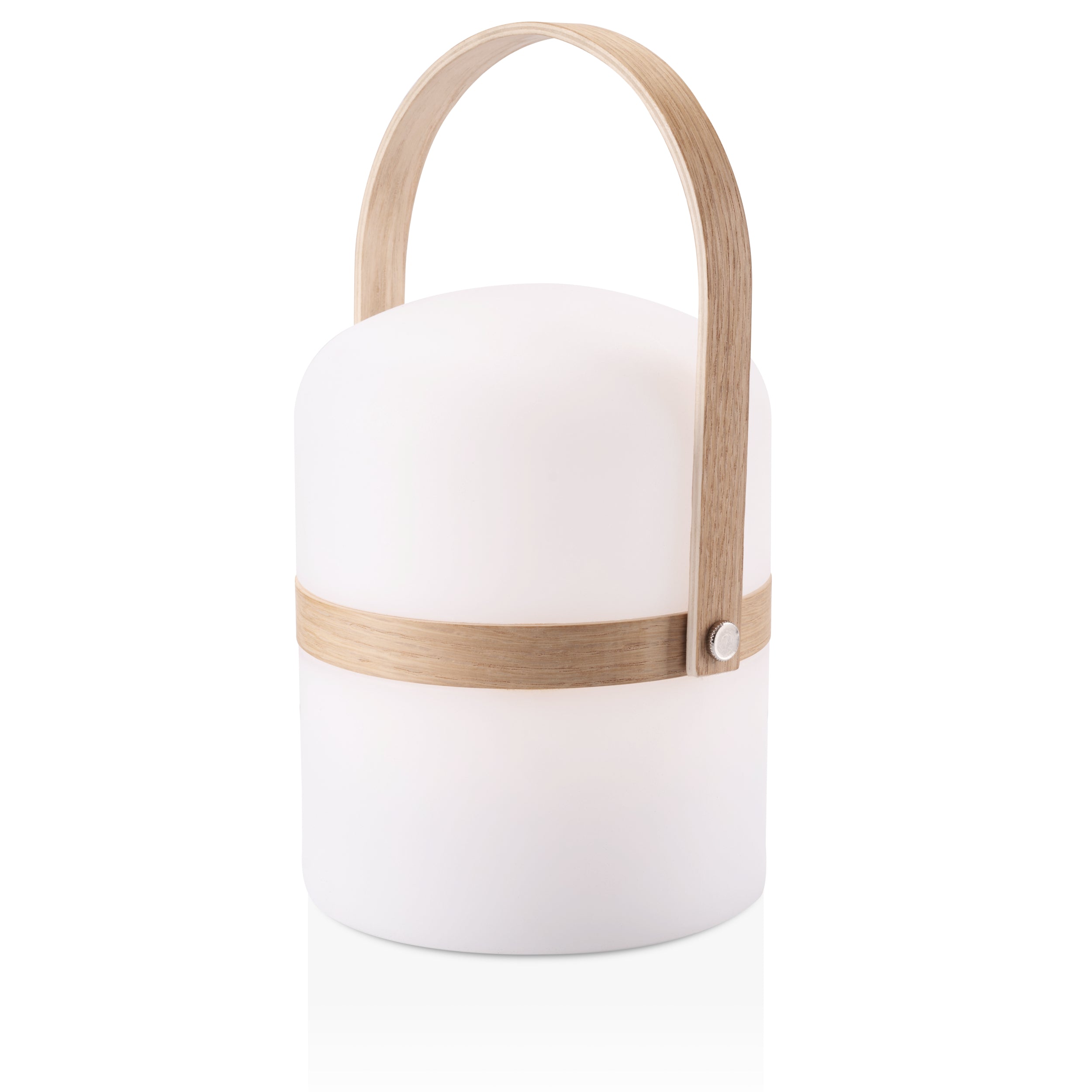 Freigestelltes Hauptbild der kabellosen und dimmbaren LUMA Tischlaterne aus recyceltem Meeresplastik und mit Holzgriff.