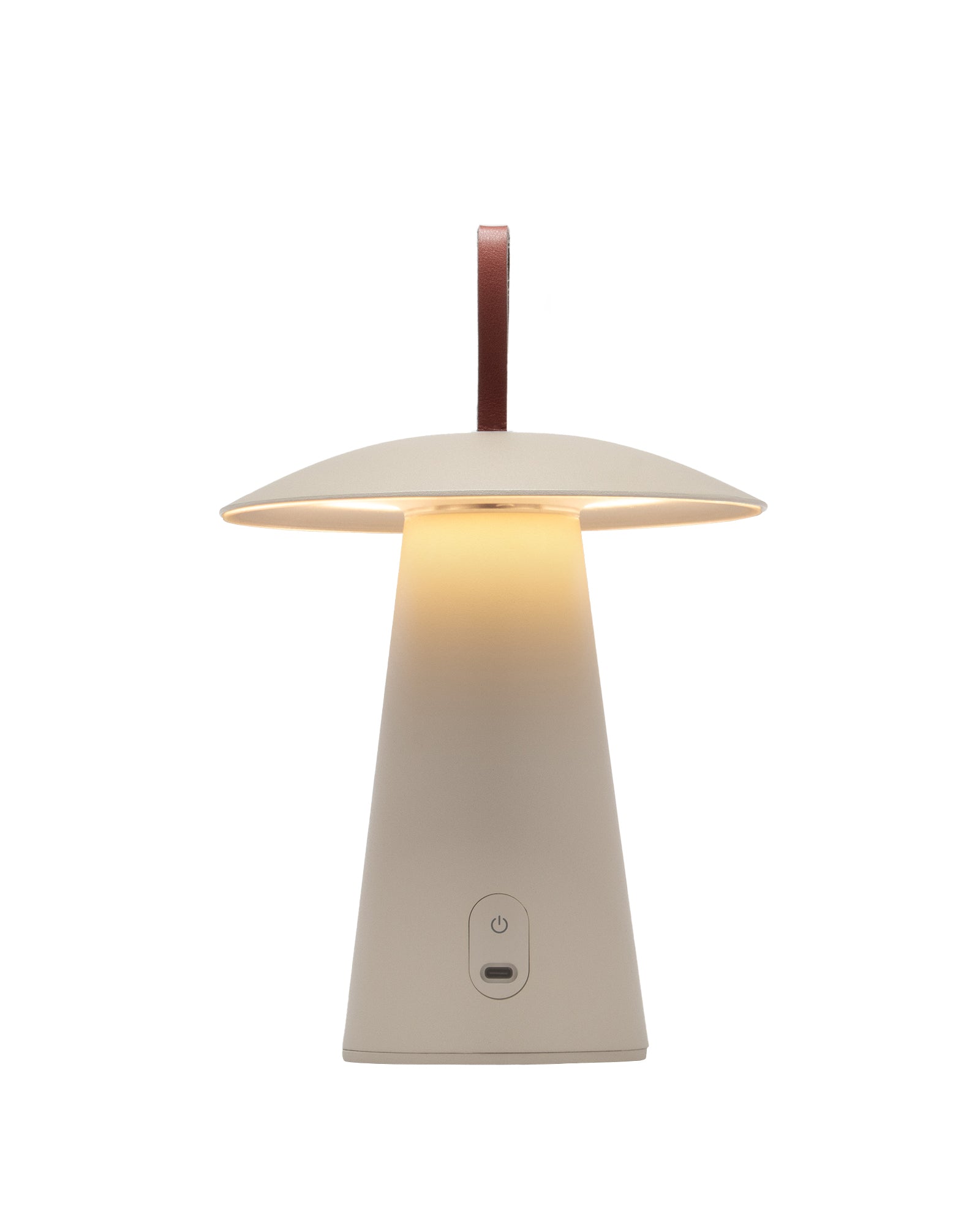 kabellose LED-Tischleuchte Lyvo in Sandfarbe – minimalistisches Design mit warmem Licht und Lederhenkel, ideal für naturverbundenes Wohnen