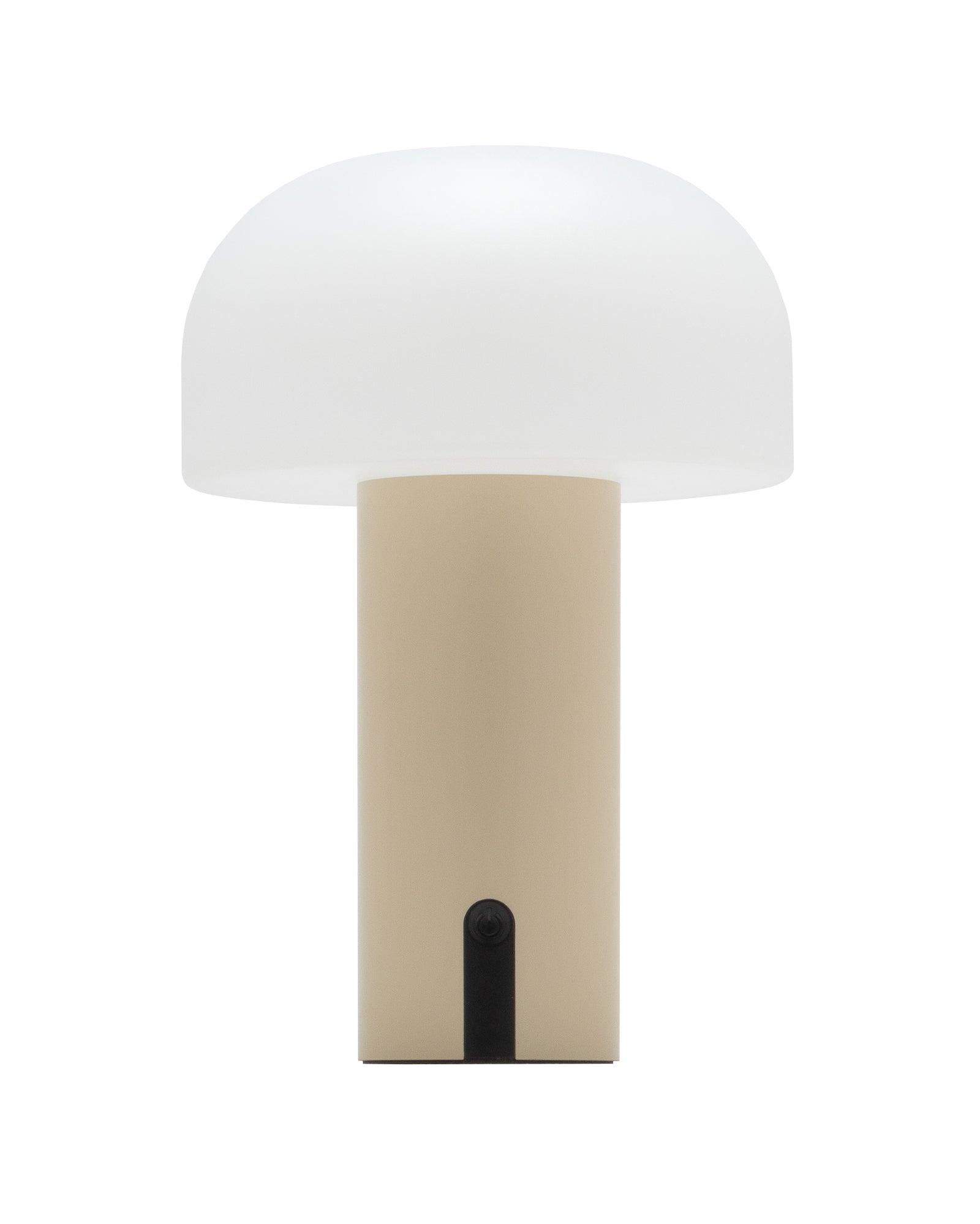 Pilzförmige LED-Tischleuchte Noa in hellem Beige mit Lederhenkel, spendet stimmungsvolles, warmweißes Licht – ideal für Wohnbereich, Schlafzimmer oder Balkon