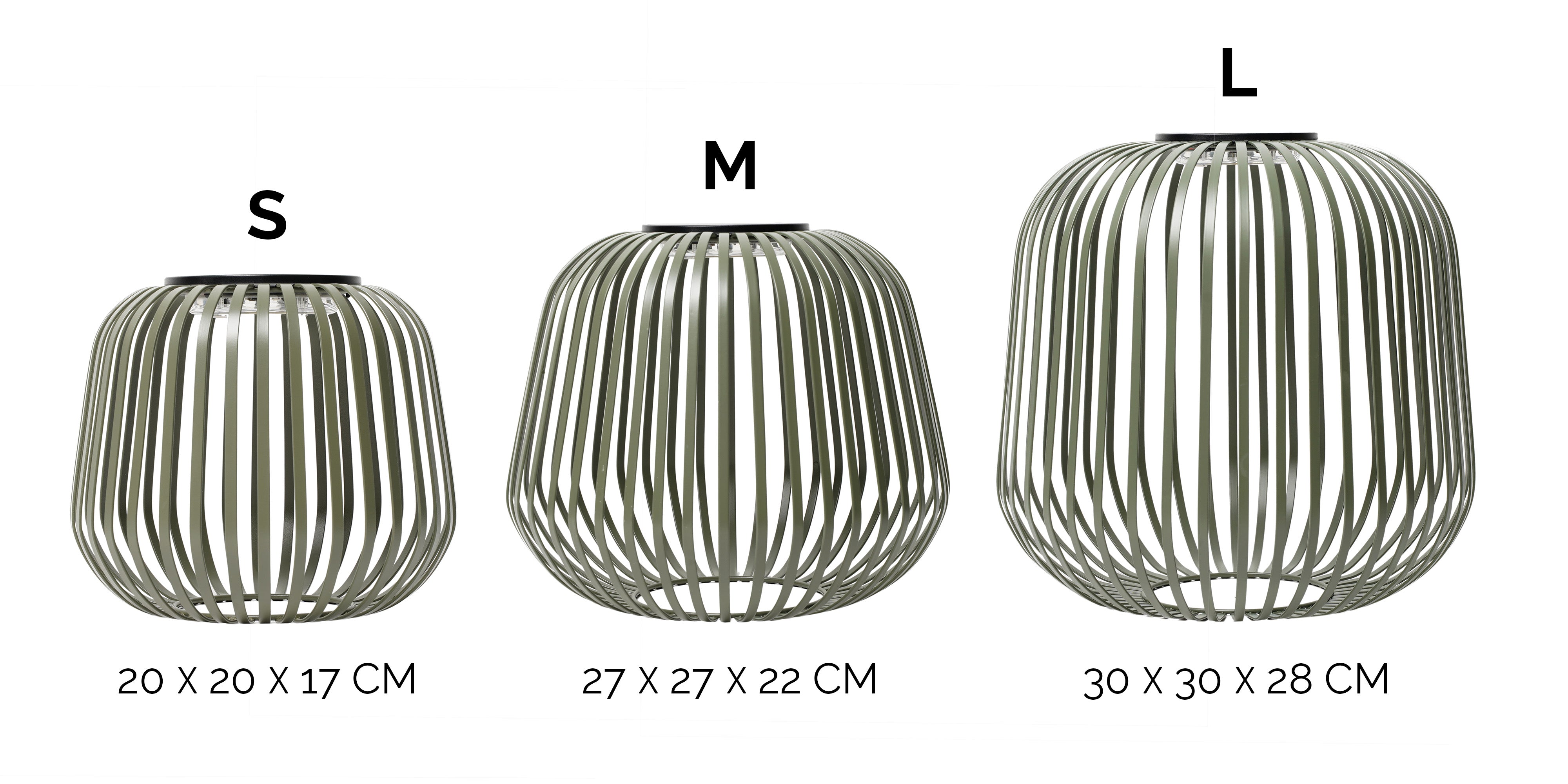 Grünes 3er-Set dimmbare Solarlaternen aus Metall in den Größen S, M und L mit Maßangaben – ideal für Garten, Terrasse und Balkon, kombinierbar für stimmungsvolles Lichtambiente