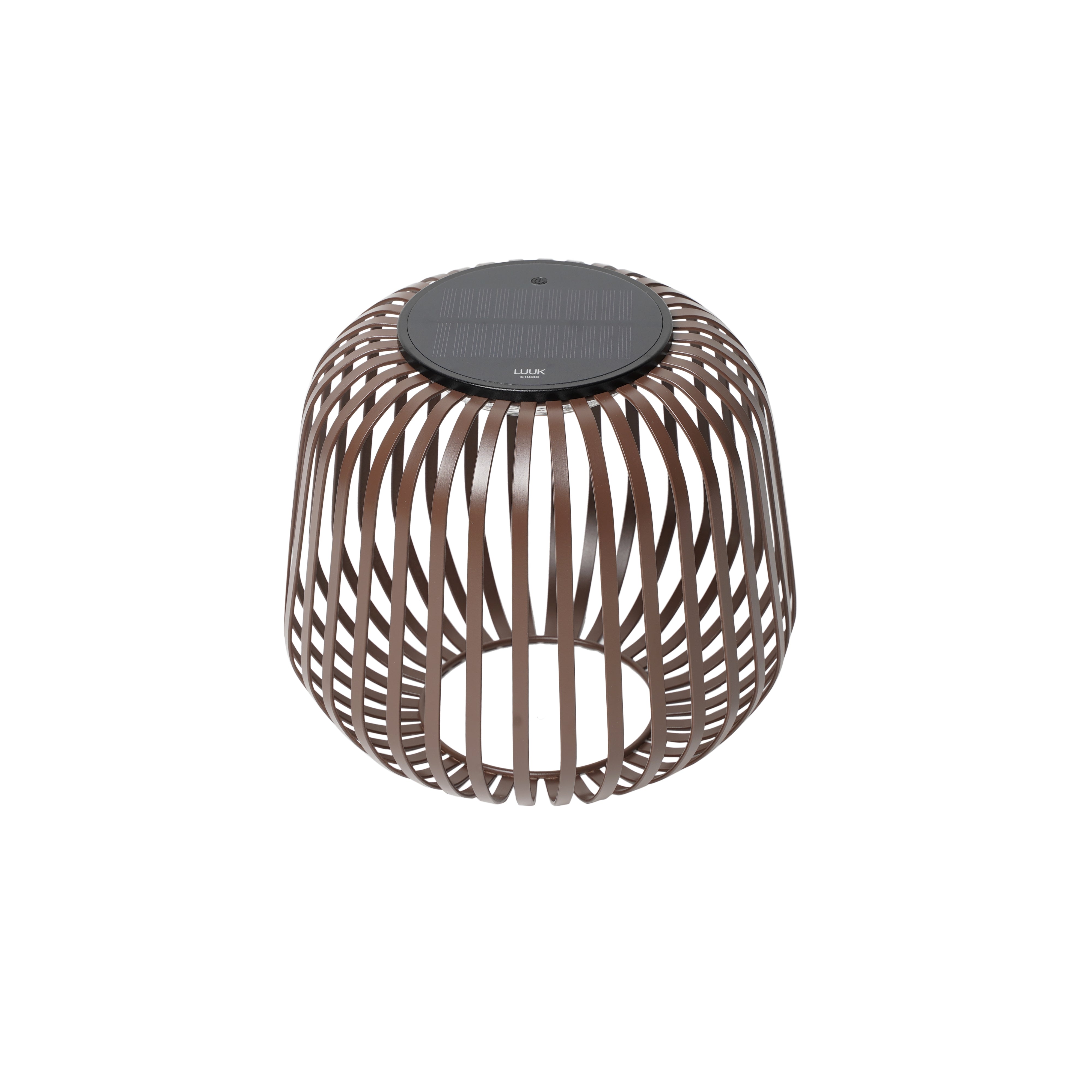 Walnuss Solarlaterne Solis S mit Metallgestell von LUUK Studio – modernes Windlicht mit warmweißem, dimmbarem Licht für stimmungsvolle Beleuchtung im Außen- und Innenbereich.