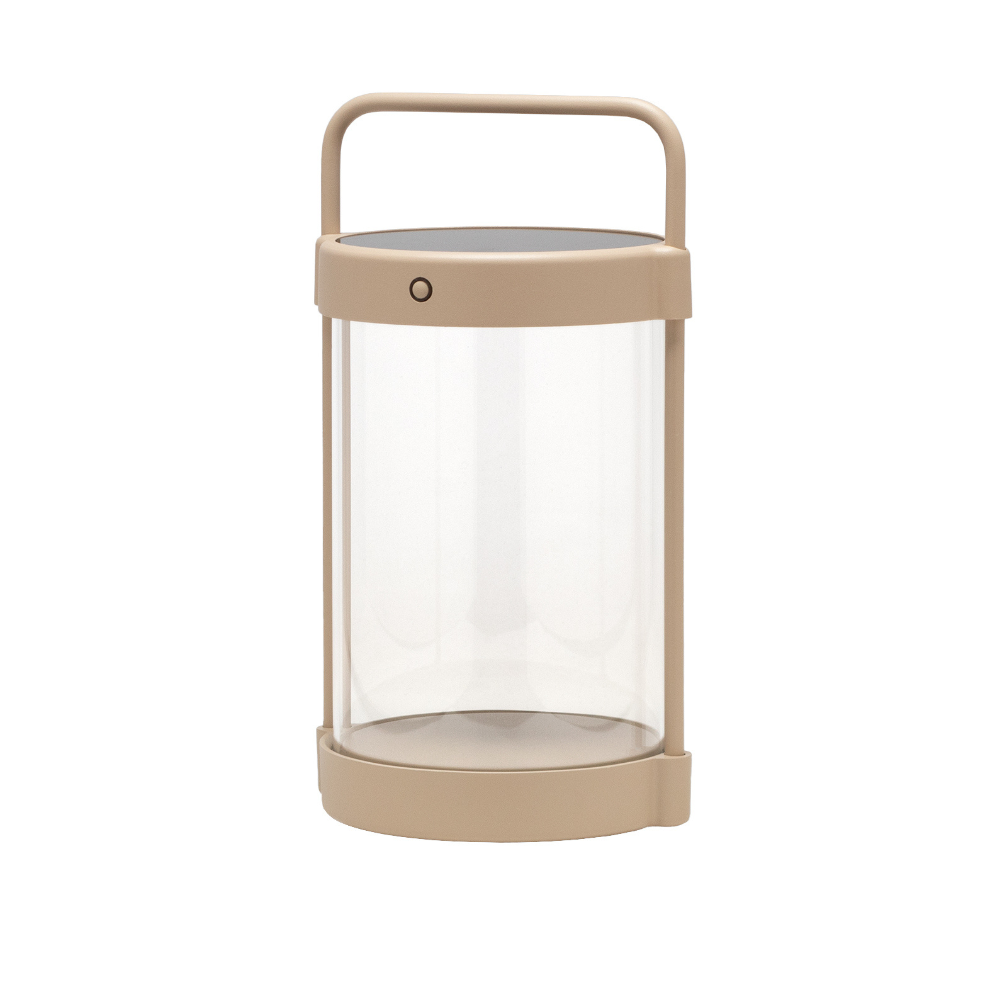 Freigestellte Caia LED-Solarlaterne in Beige mit klarem Echtglas und Metallgriff – mobile Outdoor- und Indoor-Leuchte im minimalistischen Design