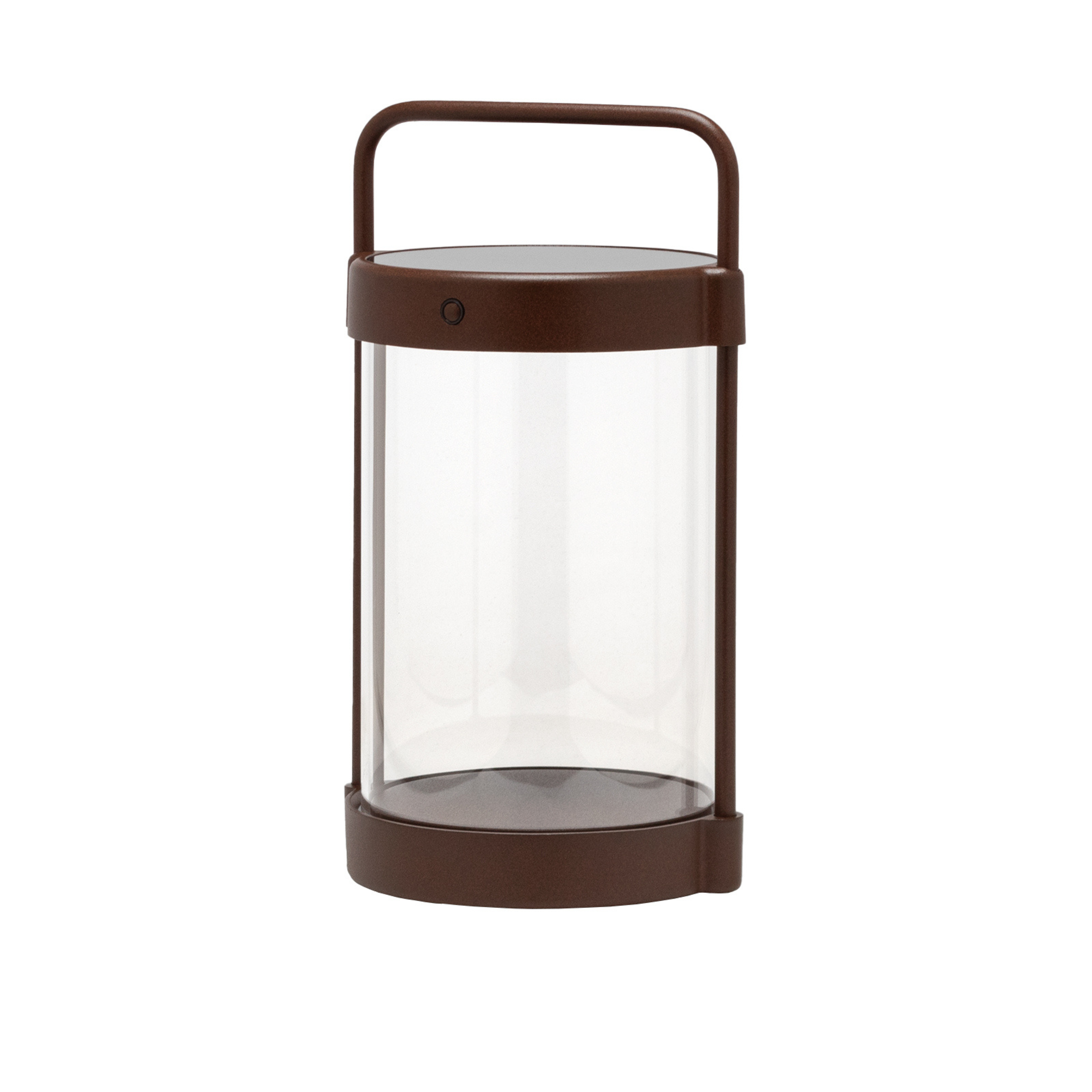 Caia LED-Solarlaterne in Braun mit klarem Echtglas und Metallgriff, freigestellt auf weißem Hintergrund – mobile Outdoor- und Indoor-Leuchte im modernen Design.