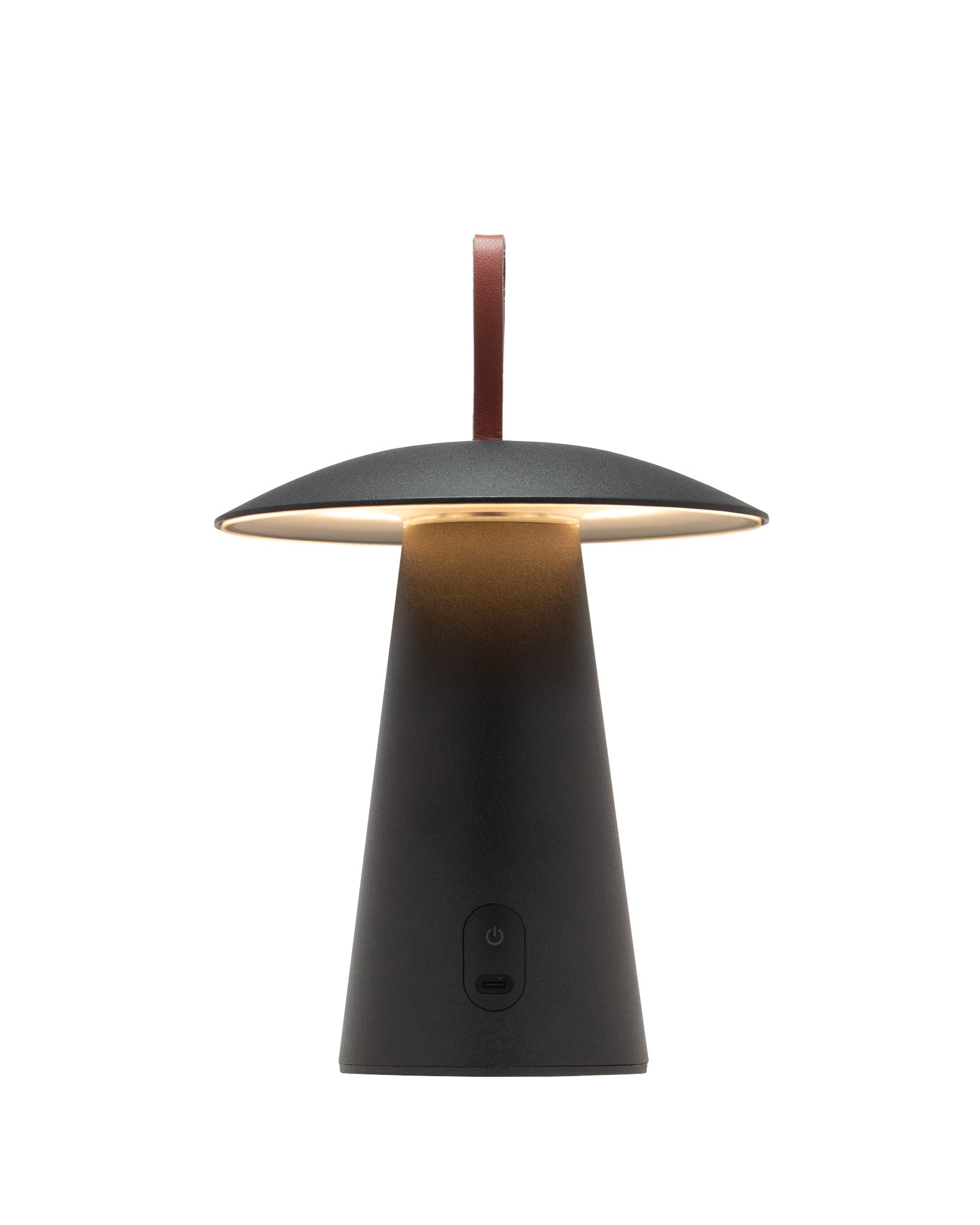 Lyvo Akku-LED-Tischleuchte in Schwarz mit Lederhenkel – dimmbare, mobile Designlampe mit warmweißem Licht und USB-C Aufladung