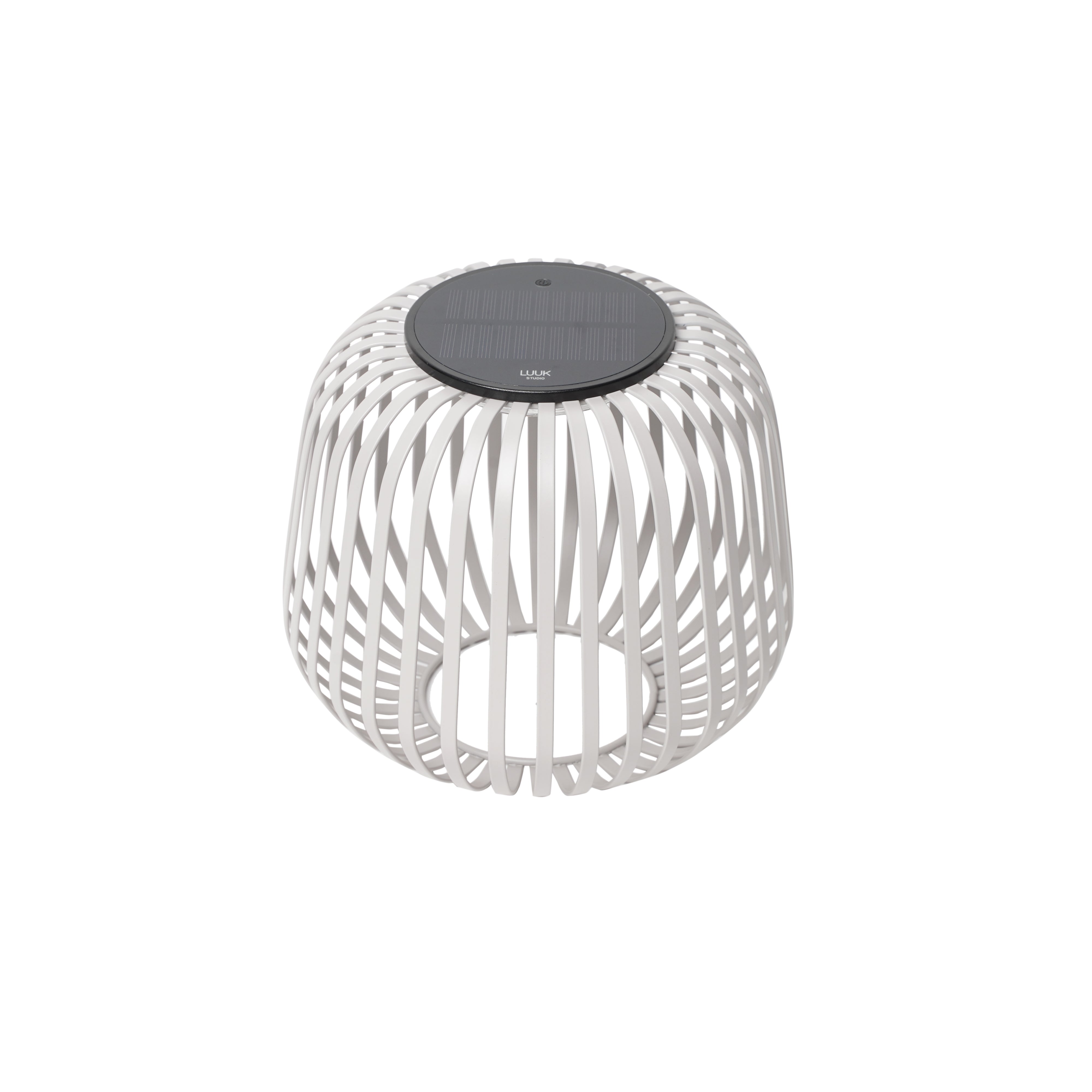 Graue Solarlaterne Solis mit Metallgestell von LUUK Studio – modernes Windlicht mit warmweißem, dimmbarem Licht für stimmungsvolle Beleuchtung im Außen- und Innenbereich.